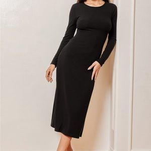 Lulus - Being Modest Black Ribbed Cutout Long Sleeve MIDI Dress
